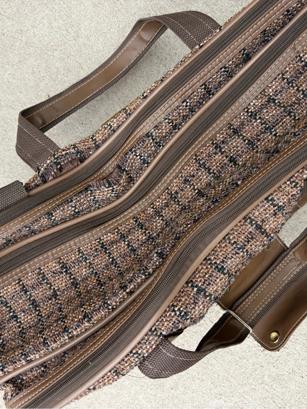 Vintage Oleg Cassini Tweed Travel Bag Suitcase Brown Weekender Shoulder Strap